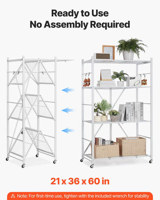 4-Tier Foldable Storage Shelf, 36W X 21D X 60 H Inch Folding Metal Rack Shelving Unit, No Assembly Organizer Shelf With 5 Wheels & 4 Hooks For Pantry, Kitchen, Garage, Basement, White