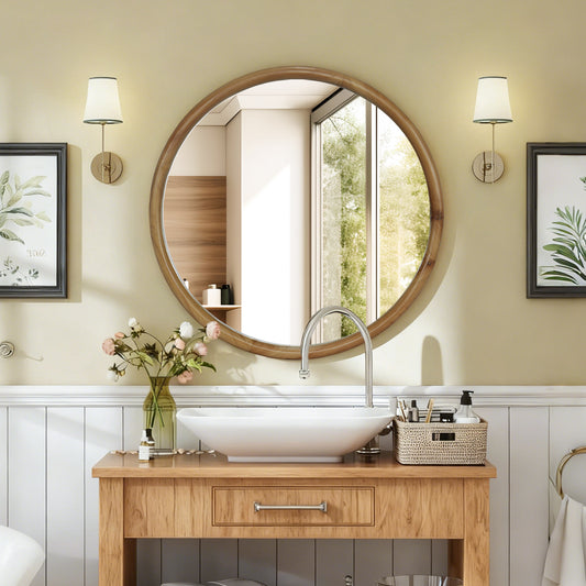 Round Wood Framed Wall Mirror, 35.43 Natural Wooden Circle Mirror For Bathroom, Bedroom, Entryway, Mid-Century Modern Decorative Mirror