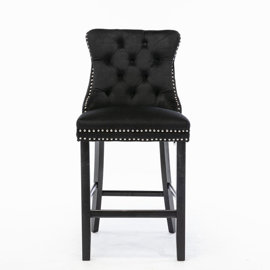 Contemporary Velvet Upholstered Barstools With Button Tufted Decoration And Wooden Legs, And Chrome Nailhead Trim, Leisure Style Bar Chairs,Bar Stools, Set Of 2 Black,SW2002BK