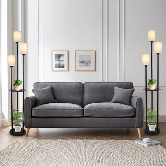 Floor Lamp With Shelf, Floor Lamp For Modern Living Room, 3 Light Standing Lamp With Linen Shade And Foot Switch Unavailable Platforms- CJDS