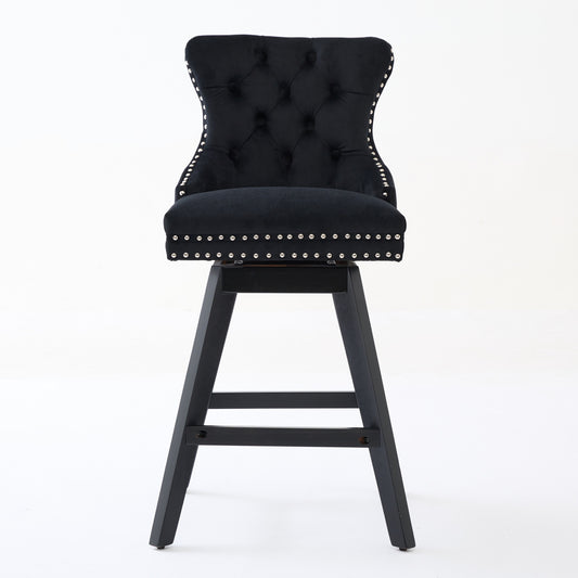 Swivel Velvet Barstools With Button Tufted Decoration And Wooden Legs, And Chrome Nailhead Trim, Leisure Style Bar Chairs,Bar Stools, Set Of 2 Black,SW1860BK