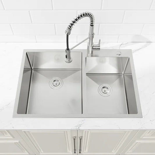33" x 19" Double Bowl Stainless Steel Kitchen Sink – Handmade Dark Gray Overmount Workstation (10" Deep)
