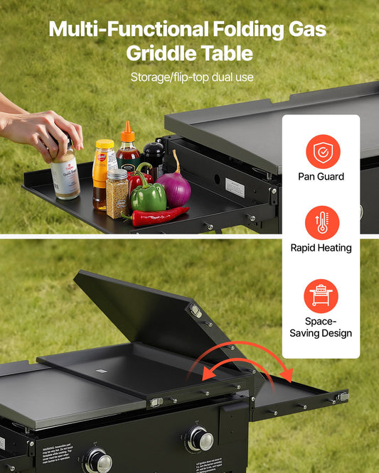 Gas Griddle, 2-Burner Flat Top Grill, 28 Inch Grill Plate Foldable Propane Griddle With Wheels, 30000 BTU Outdoor Flat Top Grills For Pan-Frying, Grilling, Stir-Frying, & BBQ, Pulse Ignition
