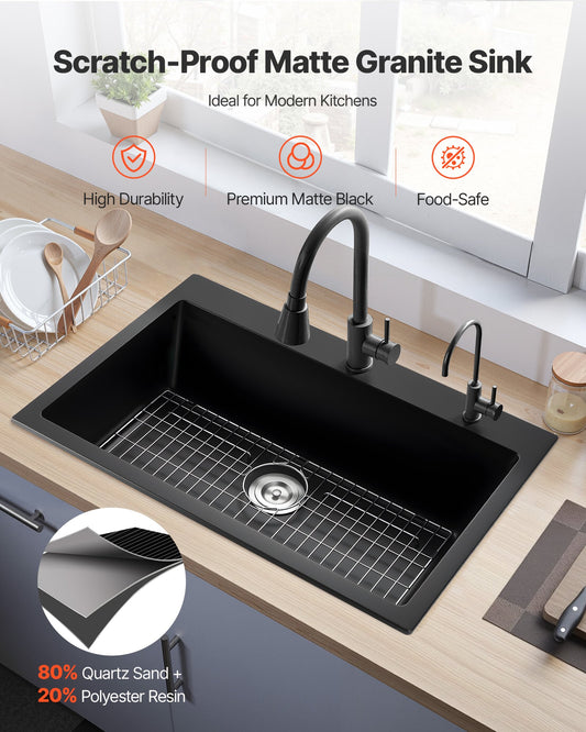 Granite Composite Single Bowl Kitchen Sink – Matte Black Quartz Workstation with Protective Grid & Drain Kit