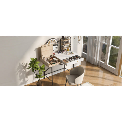 Makeup Vanity Desk With 3-Mode Lighted Mirror & Wireless Charging Station , Vanity Table With Drawer & 3 Open Shelves For Ample Storage Space - CJDS