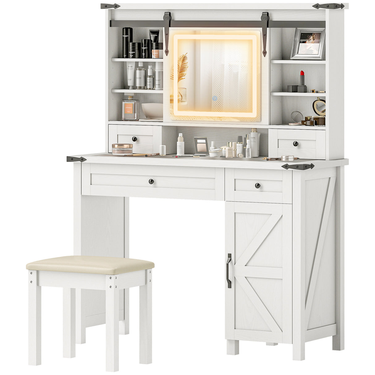 Vanity Desk Set With Mirror And Lights, Cushioned Stool, Storage Drawer, Cabinet, Shelves For Bedroom, White - CJDS