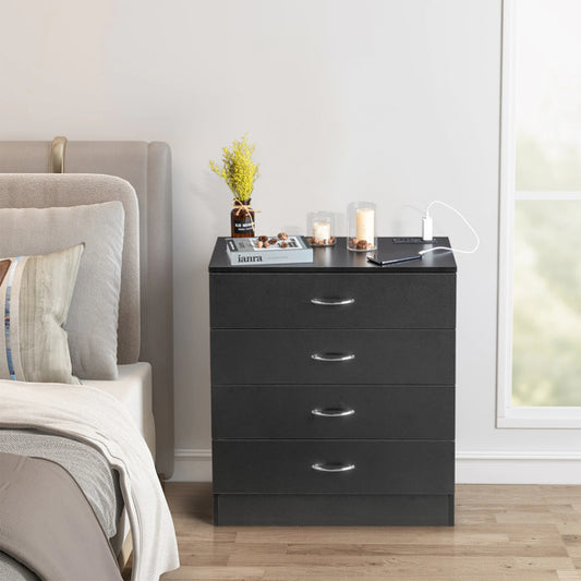 4 Drawer Chest 2 USB 2 Sockets Nightstand Black