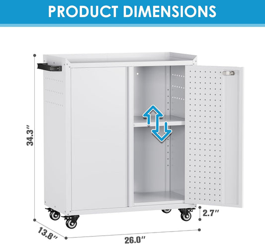 Metal Storage Cabinet With 2 Doors And 4 Hooks,Top Workbench Mobile Tool Chests Garage Cabinets With 4 Wheels And Lock Push Arm For Home,Office,Shop White