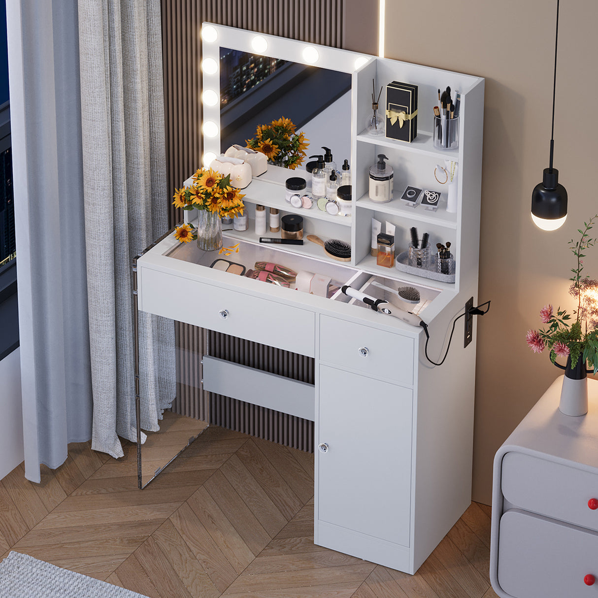 Vanity Desk With Mirror And 3 Lighting Modes, Makeup Vanity With Glass Top And Storage Shelves, Dressing Table With 2 Drawers And Cabinet - CJDS