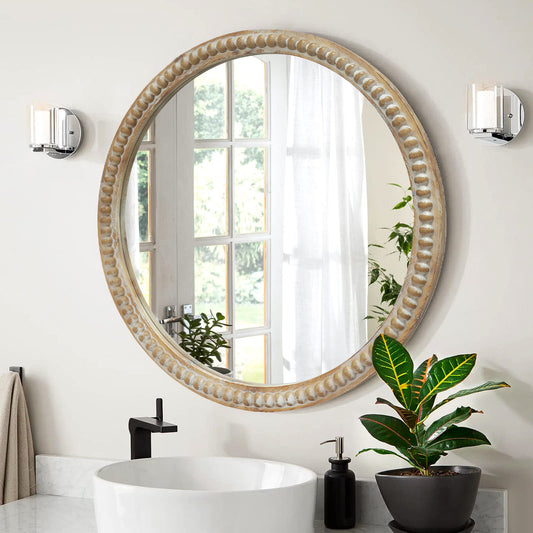 Round Decorative Wall Mirror, 27.5 Distressed Wood Beaded Frame Mirror For Entryway, Living Room, Bathroom, Farmhouse Style Accent Mirror
