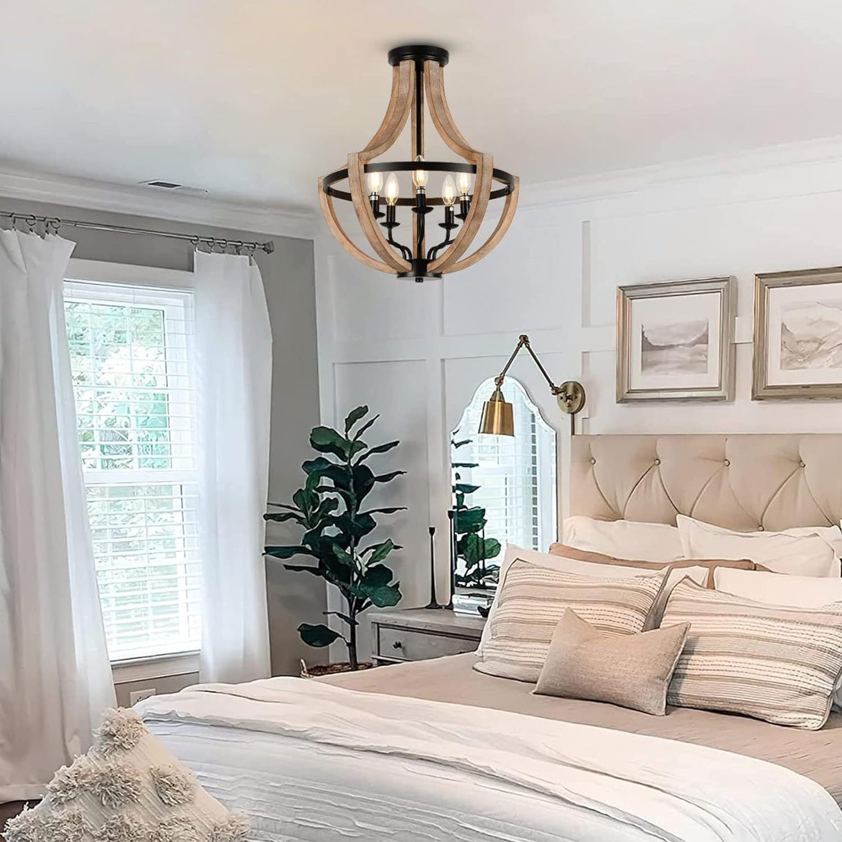 Solid Wood Modern Chandelier For Dining Room, Living Room, Kitchen, Island, Bedroom, Foyer, Height Adjustable, Brown Unavailable Platforms- CJDS