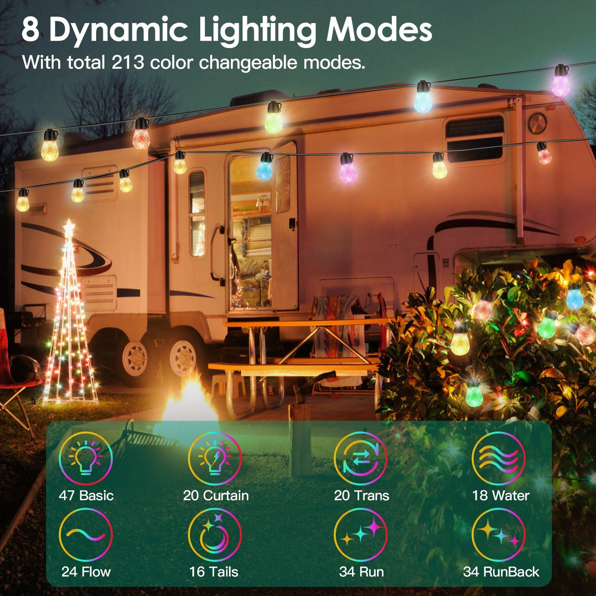 52.5FT Colorful Outdoor String Lights Smart RGB LED Patio Lights IP66 Waterproof Dimmable Hanging Light Bulbs With APP Remote Control 15 Bulbs - CJDS - FC