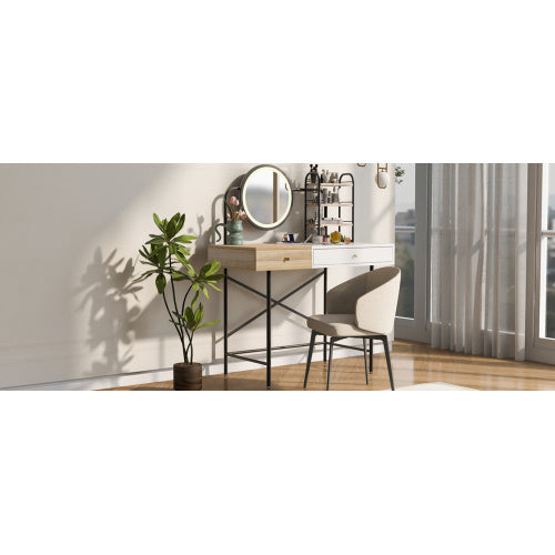 Makeup Vanity Desk With 3-Mode Lighted Mirror & Wireless Charging Station , Vanity Table With Drawer & 3 Open Shelves For Ample Storage Space - CJDS