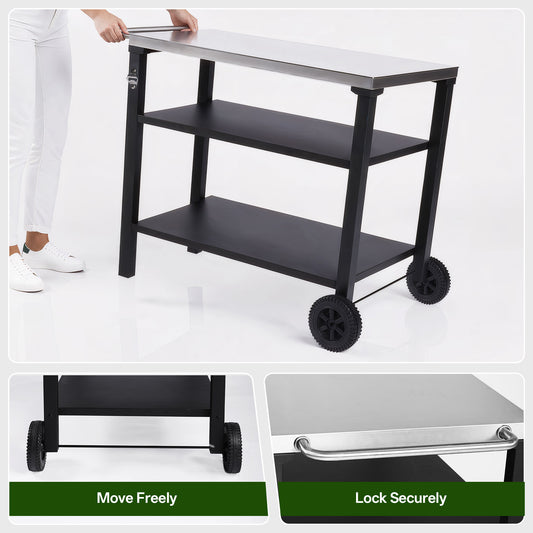 3-Tier Outdoor Grill Cart With Stainless Steel Top, Movable BBQ Prep Table With Wheels, Rolling Serving Bar Cart For Patio, Backyard, Pizza Oven Stand, Black