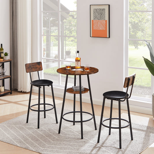 Round Bar Stool Set With Shelf, Upholstered Stool With Backrest, Rustic Brown, 23.62 W X 23.62 D X 35.43 H