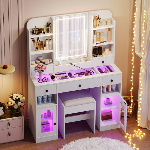 43.2 Vanity Desk With LED Mirror And Lights, Glass Top Vanity With RGB Glass Light Cabinets, Dressing Table With 5 Drawers ,Storage Shelves And Stool For Bedroom, White - CJDS