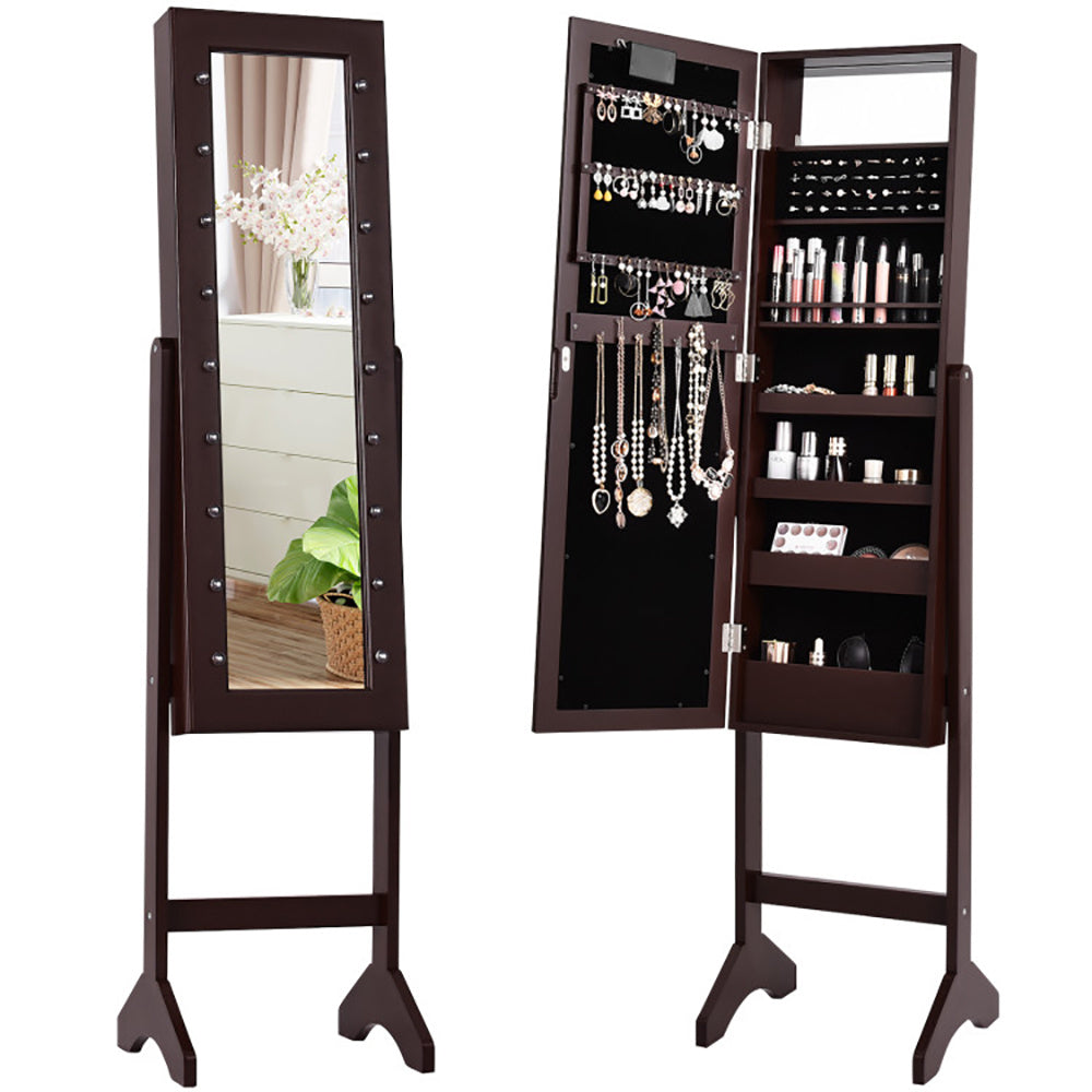 Mirrored Standing Jewelry Armoire Cabinet With LED Lights - CJDS