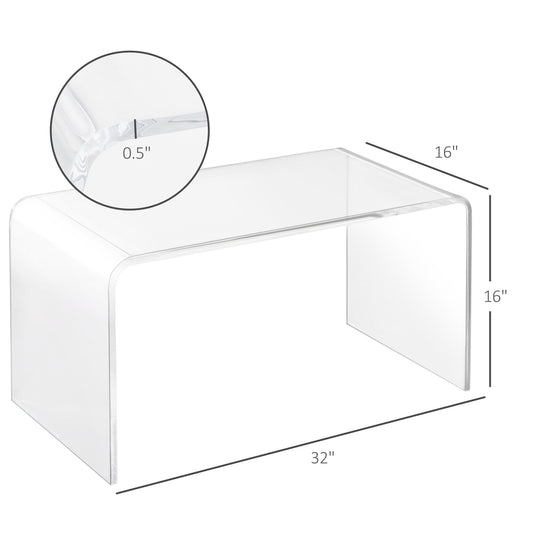 32 Clear Acrylic Coffee Table, 0.5In Thick C-Shape Waterfall End Coffee Table, Multipurpose Lucite Tea Table For Living Room