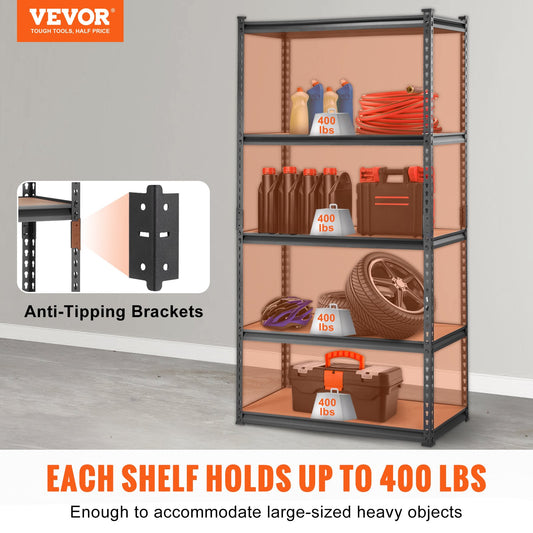 VEVOR Storage Shelving Unit, 5-Tier Adjustable, 2000 Lbs Capacity, Heavy Duty Garage Shelves Metal Organizer Utility Rack, Black, For Kitchen Pantry Basement Bathroom Laundry