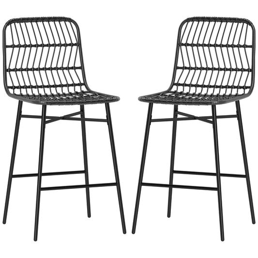 Rattan Counter Bar Stools Set Of 2, 26 Counter Height Barstools With Back, Bar Chairs For Kitchen Island, Black