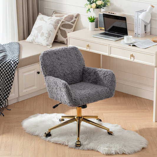 AA Furniture Office Chair,Artificial Rabbit Hair Home Office Chair With Golden Metal Base,Adjustable Desk Chair Swivel Office Chair,Vanity Chair Gray