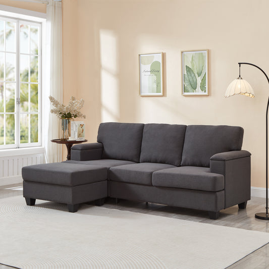 86'' L Shaped Couch With Armrest Organizer,3 Seats Sofas With Movable Ottoman,Comfy Sectional Sofa With Thick Cushion,Linen Sectional Couches For Living Room,Bedroom,Apartment,Dark Gray
