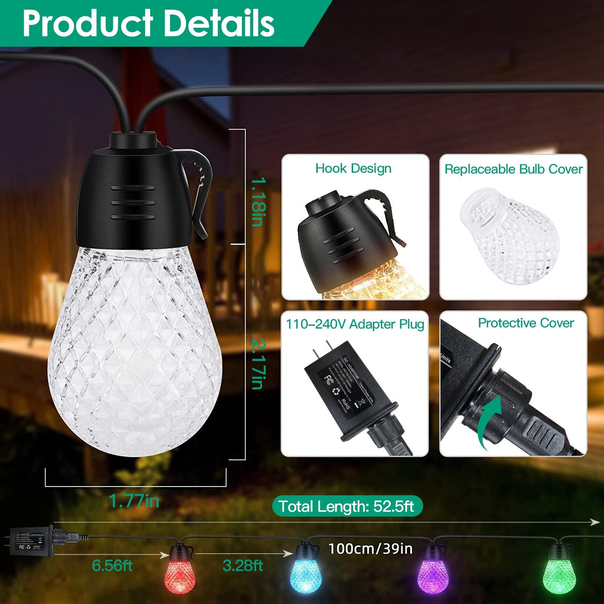 52.5FT Colorful Outdoor String Lights Smart RGB LED Patio Lights IP66 Waterproof Dimmable Hanging Light Bulbs With APP Remote Control 15 Bulbs - CJDS - FC