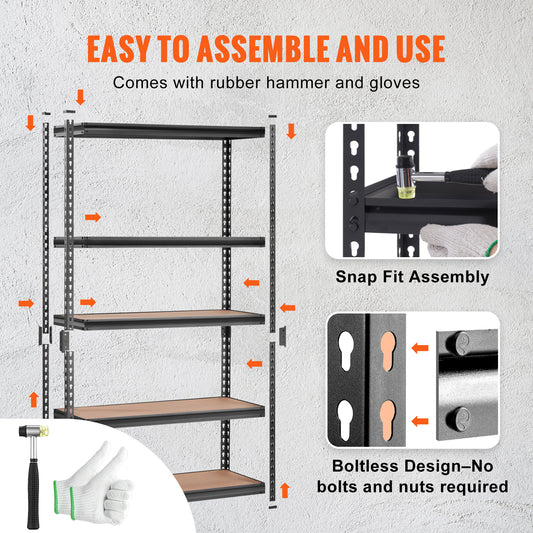 VEVOR Storage Shelving Unit, 5-Tier Adjustable, 2000 Lbs Capacity, Heavy Duty Garage Shelves Metal Organizer Utility Rack, Black, For Kitchen Pantry Basement Bathroom Laundry