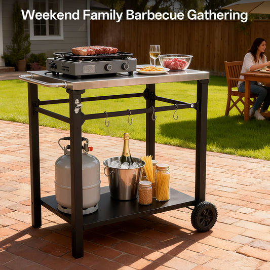 2-Tier Outdoor Grill Cart With Stainless Steel Top, Large Wheels & Tool Hooks, Movable BBQ Prep Table, Rolling Serving Bar Cart For Patio, Backyard, Pizza Oven Stand, Black
