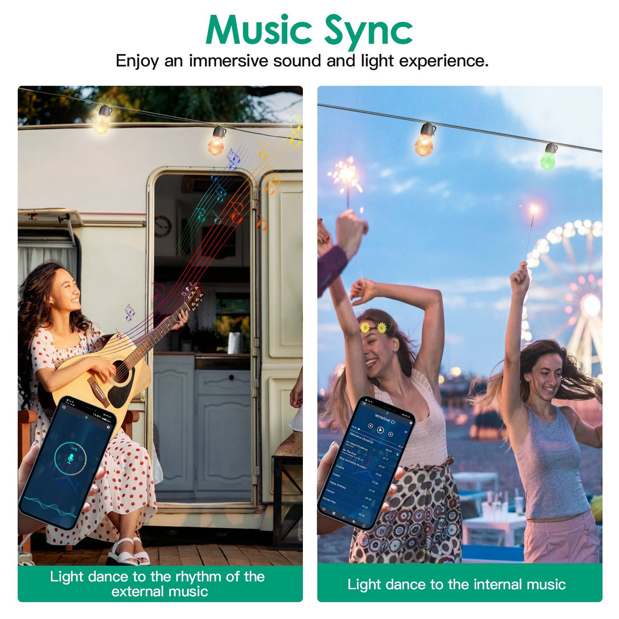 52.5FT Colorful Outdoor String Lights Smart RGB LED Patio Lights IP66 Waterproof Dimmable Hanging Light Bulbs With APP Remote Control 15 Bulbs - CJDS - FC