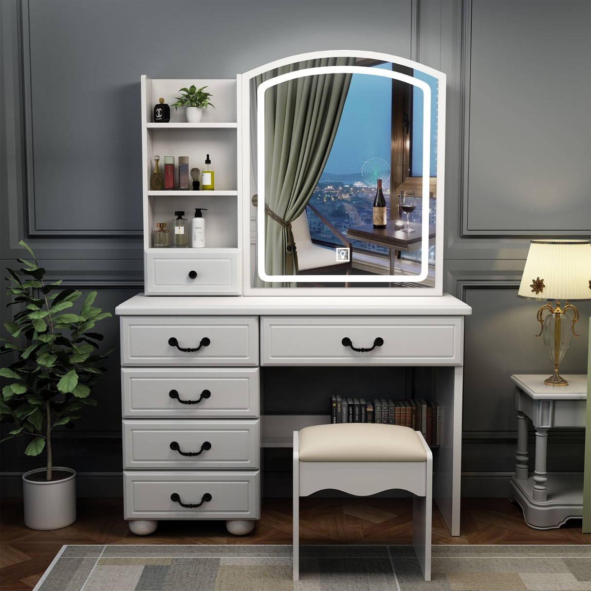 Vanity Desk With Mirror & Lights, Makeup Table Set - CJDS