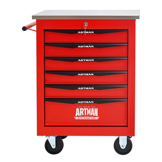 6 Drawers Multifunctional Tool Cart With Wheels,Metal Rolling Tool Cart Storage For Garage Workshop Warehouse Repair Shop--With Stainless Steel Roof- Red&Black