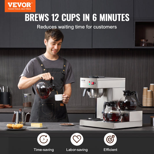 3-Station Commercial Coffee Brewer – 6-Minute Rapid Brew with 3 Warming Plates & 3 Carafes