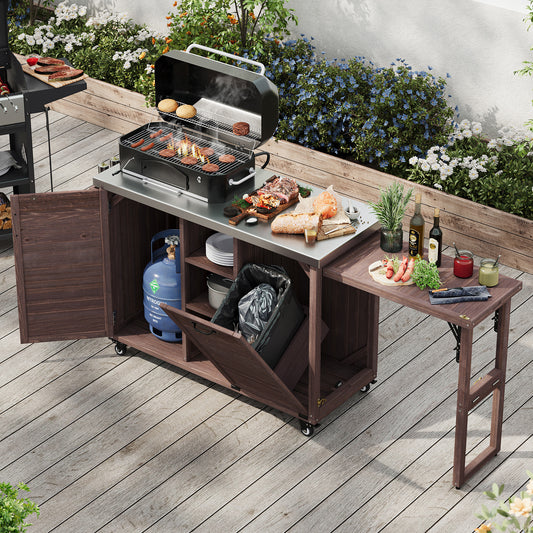 K&K 78.3 Outdoor Kitchen Island With Foldable Grill Table, Wooden Outdoor Grill Cart With Trash Can Storage & Stainless Steel Top, Outdoor Bar Cart, Pizza Oven Table For Lawn & Garden, Dark Brown