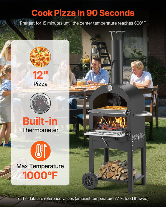 Mobile Wood-Fired Outdoor Pizza Oven – 1000°F Dual-Tier Baker with All-Terrain Wheels & Ash Drawer