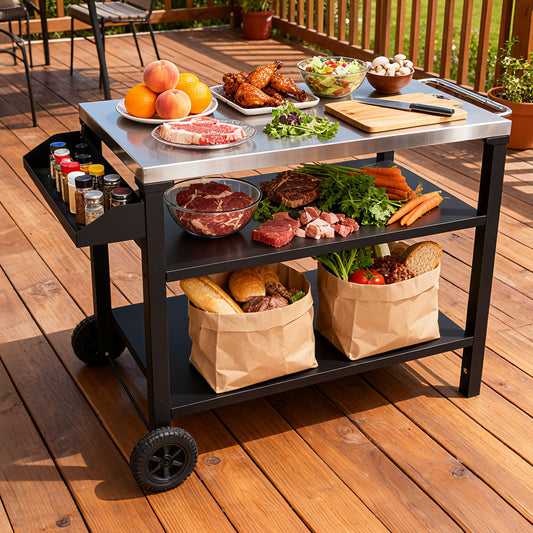 3-Tier Outdoor Grill Cart With Stainless Steel Top & Side Shelf, Movable BBQ Prep Table With Wheels, Rolling Serving Bar Cart For Patio, Backyard, Pizza Oven Stand, Black