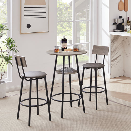 Round Bar Stool Set With Shelf, Upholstered Stool With Backrest Grey, 23.62 W X 23.62 D X 35.43 H.