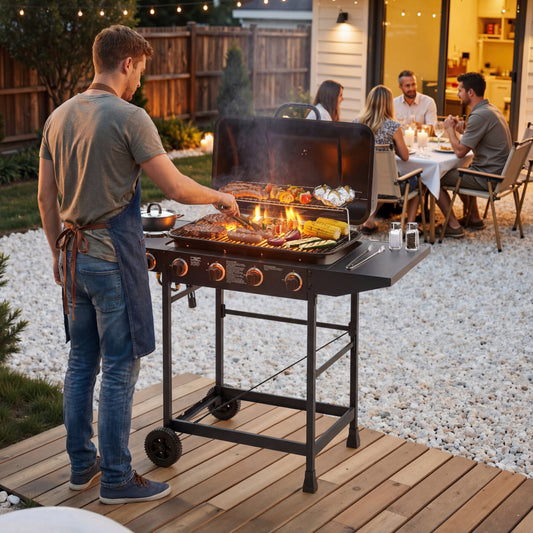 4 Burner BBQ Propane Gas Grill With Side Burner 42000 BTU Output Stainless Steel Barbecue Grill With Enamel-Coated Grates And Side Tables For Outdoor Cooking Kitchen And Patio Backyard.
