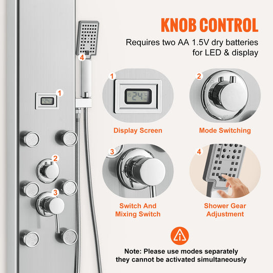 Shower Panel System, 5 Shower Modes, Digital Display Shower Panel Tower, Rainfall, 8 Massage Jets, Tub Spout, 3-Setting Handheld Shower Head 59 Hose, Stainless Steel Wall-Mounted Shower Set