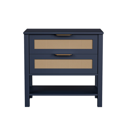 Rattan Nightstand With 2 Drawers And Storage Shelf Boho Bedside Narrow Side Table For Bedroom