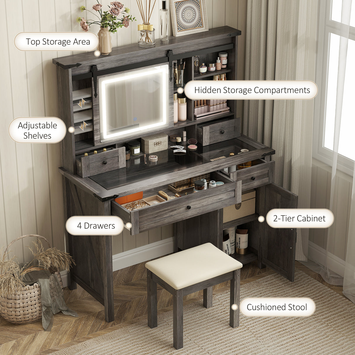 Vanity Desk Set With Mirror And Lights, Cushioned Stool, Storage Drawer, Cabinet, Shelves For Bedroom, Gray - CJDS