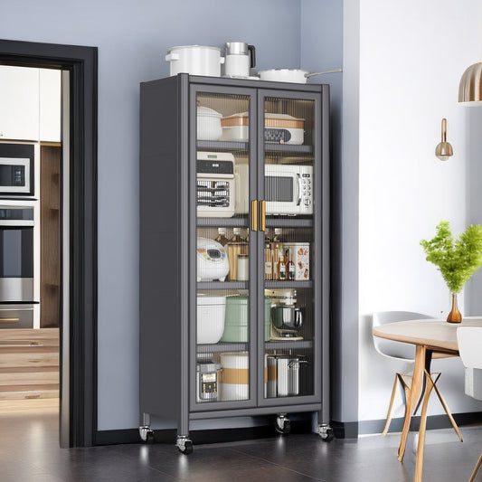 Open-door Kitchen Shelving Floor-to-ceiling Multilevel Household Microwave Storage Cabinet Bowls Side Cabinets Cabinets Storage Cabinets Grey Color
