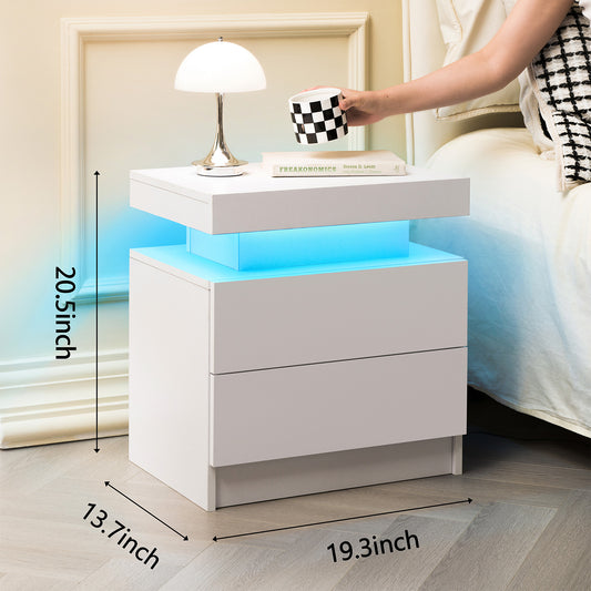 Nightstand LED Bedside Table Cabinet Lights Modern End Side With 2 Drawers For Bedroom White