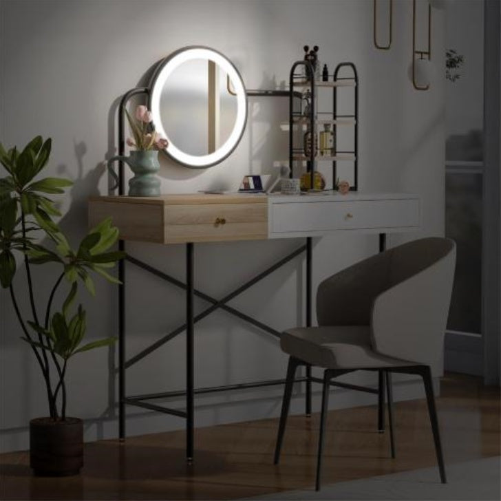 Makeup Vanity Desk With 3-Mode Lighted Mirror & Wireless Charging Station , Vanity Table With Drawer & 3 Open Shelves For Ample Storage Space - CJDS