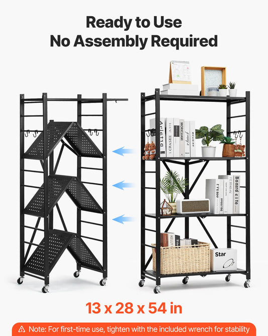4-Tier Foldable Storage Shelf, 28W X 13D X 54H Inch Folding Metal Rack Shelving Unit, No Assembly Organizer Shelf With 5 Wheels & 4 Hooks For Pantry, Kitchen, Garage, Basement, Black