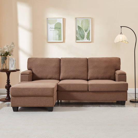 86'' L Shaped Couch With Armrest Organizer,3 Seats Sofas With Movable Ottoman,Comfy Sectional Sofa With Thick Cushion,Linen Sectional Couches For Living Room,Bedroom,Apartment,Brown