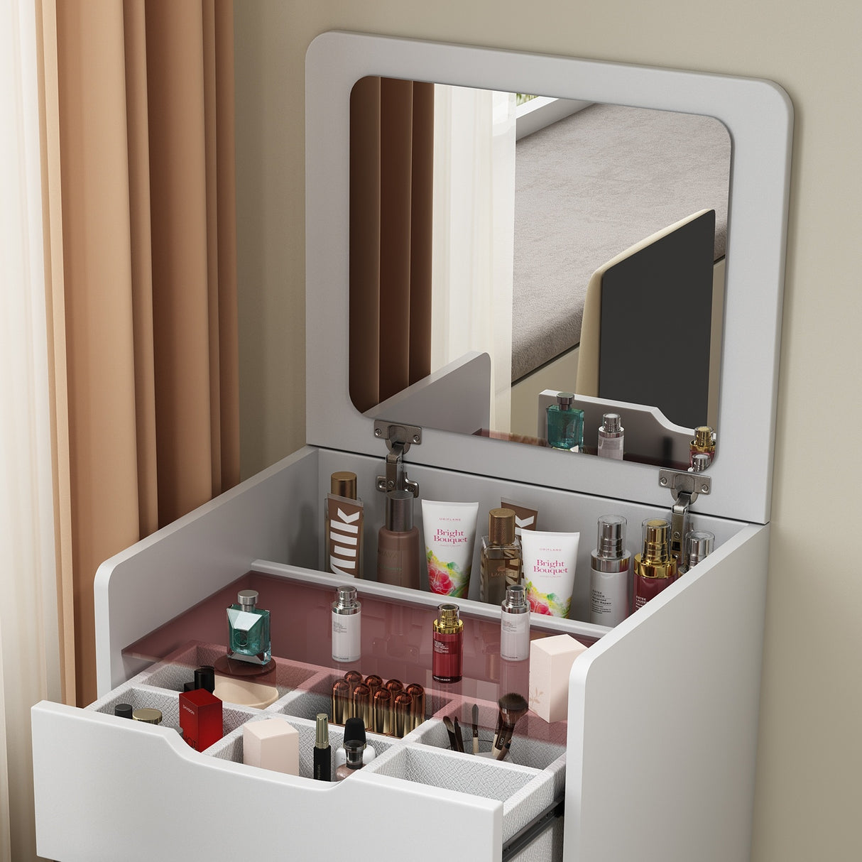 3 In 1 Vanity Desk With Plip Top Mirror,Small Make Up Vanity Set With Visible Glass Desktop,Compact - CJDS