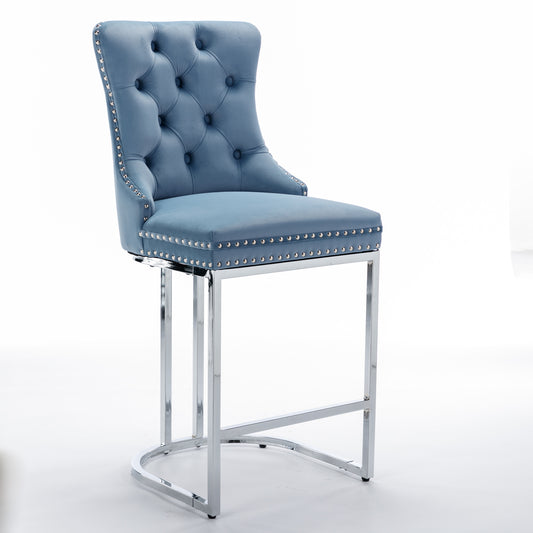 26 Counter Height Bar Stools Set Of 2, Modern Velvet Barstools With Button Back&Rivet Trim Upholstered Kitchen Island Chairs With Sturdy Chromed Metal Base Legs Farmhouse Bar Stools,Light Blue,2 Pack