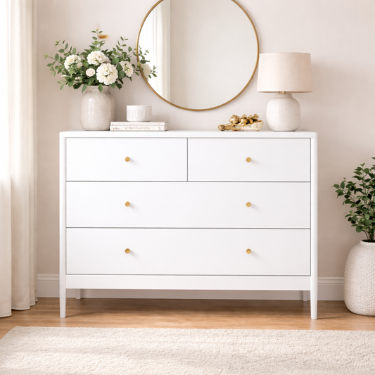 White 4-Drawer Kids Dresser, Wooden Storage Cabinet For Toddler Bedroom, Nursery, Closet, Baby Nightstand Organizer For Living Room Or Apartment, 35.4 Wide