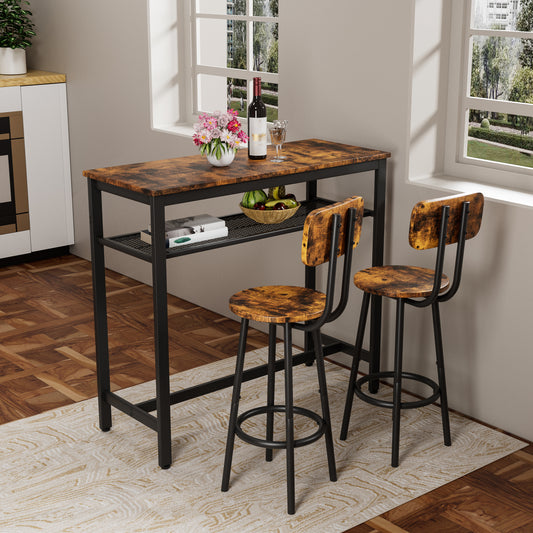 Bar Table, Equipped With 2 Bar Stools , With Backrest And Partition Rustic Brown